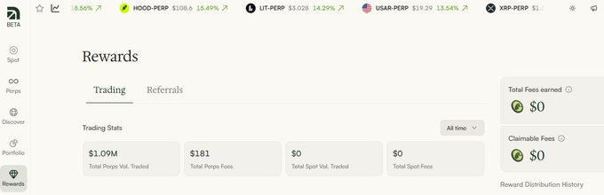 A screenshot of a crypto rewards dashboard (BEX TA) showing trading stats: $1.09M Total Volume Traded, $181 Total Perps Fee, $0 Spot Volume, $0 Spot Fees, with Total Fees Earned and Claimable Fees both at $0.