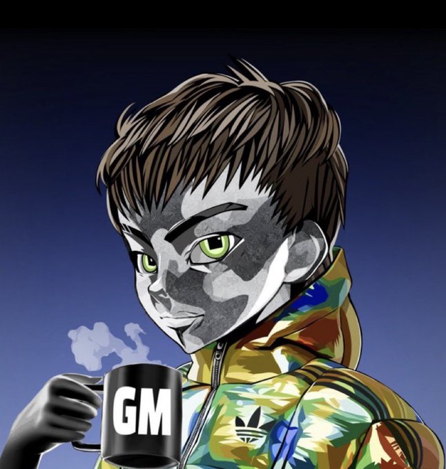 A digital illustration of a young man with spiky brown hair and green eyes wearing a colorful patterned hoodie, holding a black mug labeled "GM" against a blue background.