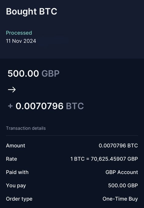 A confirmation screen showing a successful first-time Bitcoin purchase of 0.0070796 BTC for 500.00 GBP at a rate of 1 BTC = 70,625.45907 GBP, processed on 11 Nov 2024—illustrating the milestone purchase mentioned in the post.
