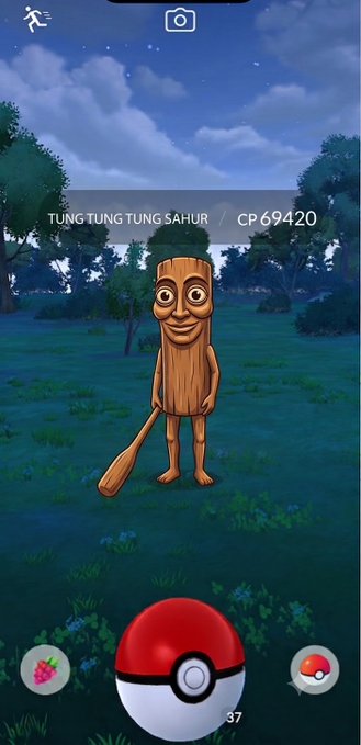 A screenshot from Pokémon GO showing a "TUNG TUNG TUNG SAHUR" encounter with CP 69420 holding a baseball bat, likely referencing the viral Indonesian meme character, humorously shared as a rare find similar to spotting a valuable Pokémon.
