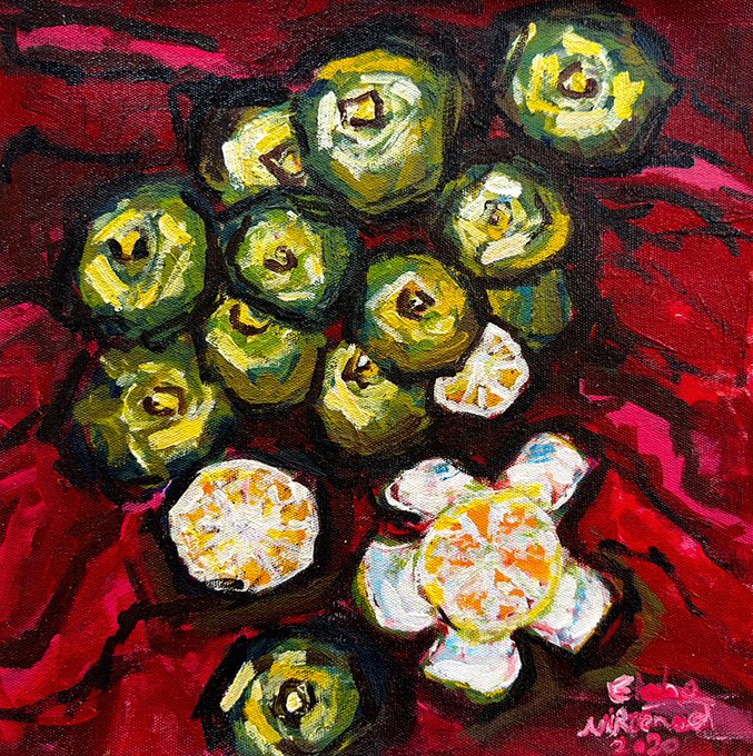 A vibrant expressionist painting of green olives with a sliced orange on a deep red background, signed "Birch Mirand 2020" in the corner.