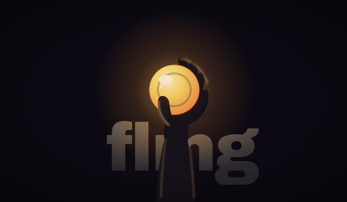 A dark silhouette of a hand holding up a glowing golden orb, with the word 'fling' written in large dark letters beneath it.