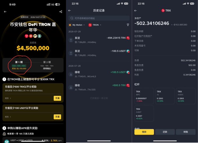 The image shows three screenshots of a Binance TRON wallet app featuring a $4,500,000 DeFi TRON Anniversary promotion (第1期: 02d:10h:10m remaining), a transaction history page showing recent TRX and USDT activity totaling a net balance of -502.34106246 TRX (-$163.885380), and a TRX asset details screen displaying the user's holdings alongside market prices for TRX/USDC and TRX/USDT.

These screenshots illustrate the Binance Wallet TRON staking/sharing event interface referenced in the post, showing the countdown timer and reward tier system users need to access before the deposit deadline passes.