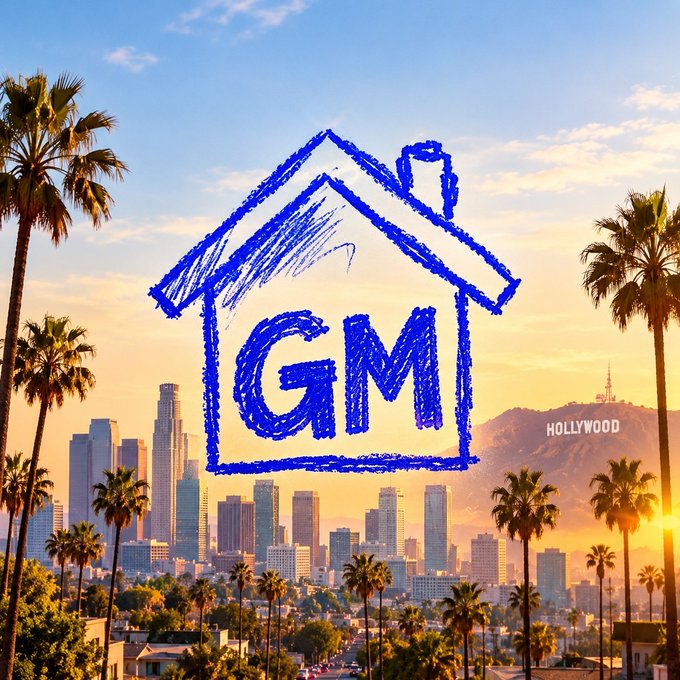 A blue hand-drawn 'GM' (Good Morning) house logo overlaid on a sunset view of the Los Angeles skyline with palm trees and the Hollywood sign visible in the background.