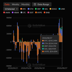 A bar chart from SoSoValue displays daily crypto ETF inflows from approximately April 27 to August 27, 2026, with a highlighted data point on August 27, 2024 showing BTC at $242.24M, ETH at $234.51M, SOL at $60.91M, HYPE at $24.42M, and XRP at $18.47M, illustrating the institutional buying referenced in the post before the market downturn.