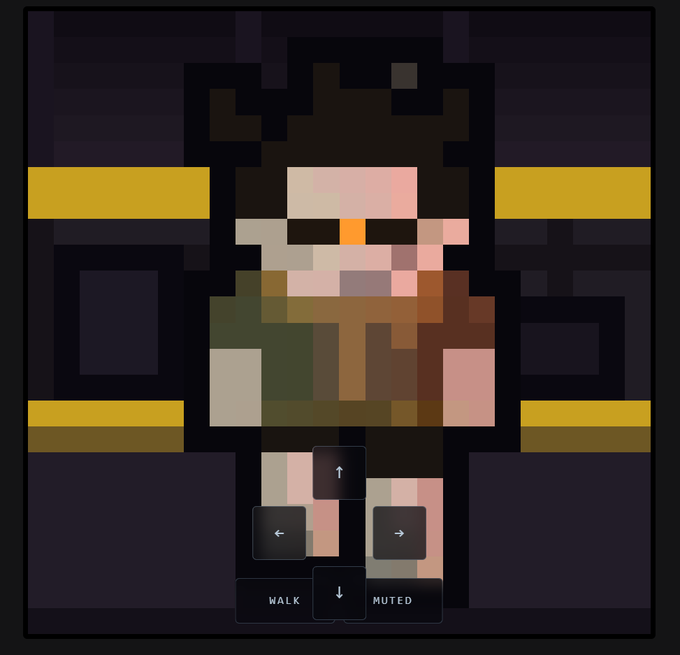 A pixel art character with brown hair and a green shirt, overlaid with directional control buttons labeled 'WALK' and 'MUTED'.