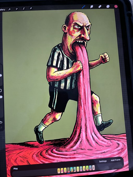 A grotesque caricature illustration displayed on a tablet/iPad showing a bald, angry man in a black and white striped soccer jersey with an extremely long pink tongue or stream extending down to the floor, viewed in a digital art app interface.