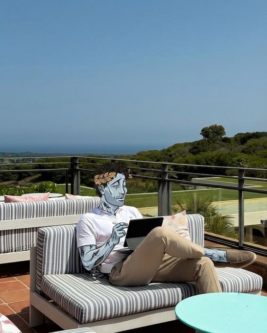 A relaxed figure with a laurel wreath relaxes on a striped outdoor sofa with a laptop, overlooking a scenic ocean view — embodying the post's motivational message of "Stay Consistent" and getting to work ("GM CT - Let's get going") even while enjoying a peaceful, successful lifestyle.