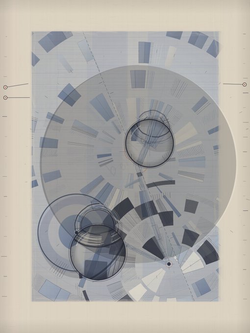 An abstract blue and white geometric artwork featuring overlapping circles, rectangles, and fragmented shapes on a textured background.