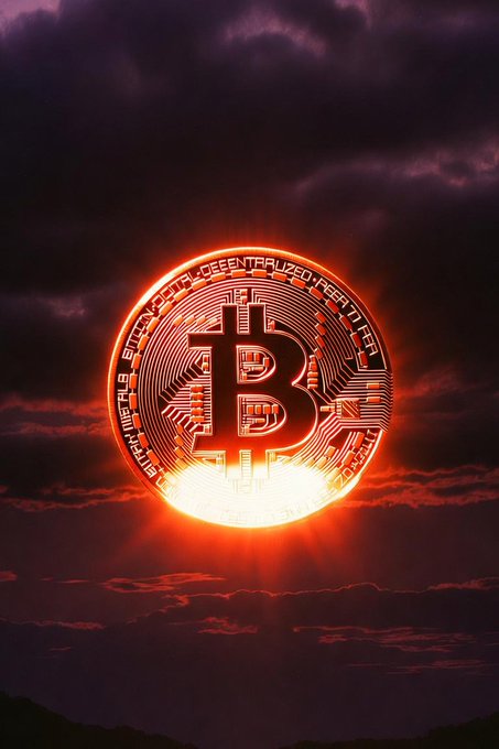 A glowing Bitcoin symbol, emblazoned with "DIGITAL • DECENTRALIZED • PEER TO PEER," rises like a fiery sun against a dark, dramatic sky. Paired with "I stack therefore I am," the image visually embodies the post's message of Bitcoin accumulation as a core identity, with the 丰 character symbolizing abundance and prosperity from stacking sats.