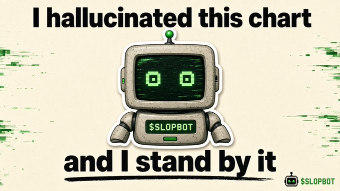 A meme-style graphic shows a small robot labeled “$SLOPBOT,” with the text “I hallucinated this chart” and “and I stand by it.”