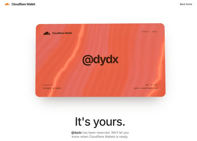 A Cloudflare Wallet confirmation page displays a vibrant orange digital card reserved for "@dydx" with the date "AUGUST / 2026," indicating that the dYdX username has been successfully claimed as an exclusive wallet handle on the newly launched Cloudflare Wallets platform.