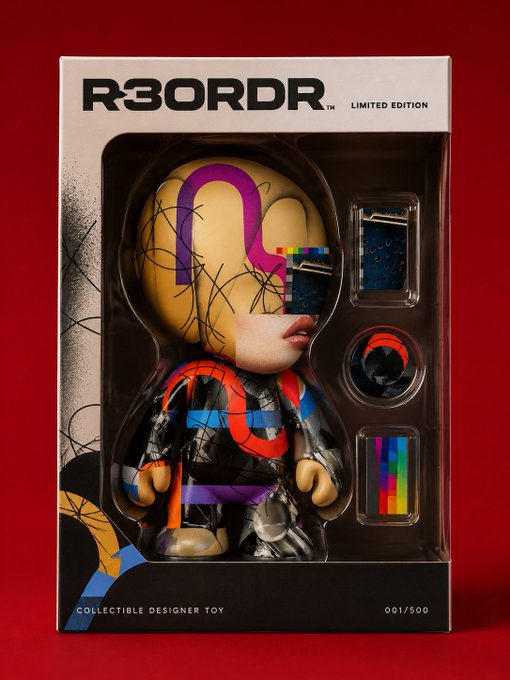 Limited edition 'R3ORDR' collectible designer toy in packaging numbered 001/500, featuring an artistic figure with colorful abstract patterns, displayed against a red background.