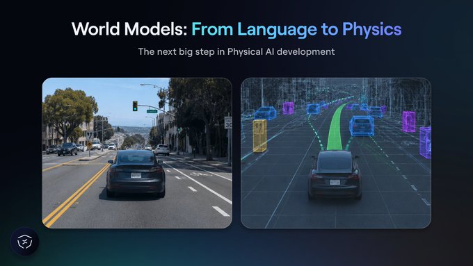 A presentation slide titled 'World Models: From Language to Physics' with the subtitle 'The next big step in Physical AI development', showing a side-by-side comparison of a real street view and a 3D simulation with bounding boxes.