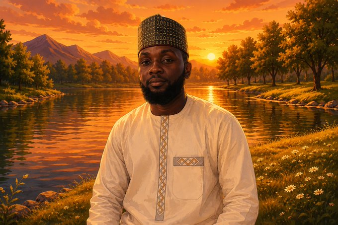 The image features an artist's portrait of a man wearing traditional clothing with a hat sitting by a pond at sunrise or sunset. The setting sun casts a warm glow over the scene, creating a serene atmosphere. The painting captures the essence of the moment, emphasizing the beauty and tranquility of nature. The caption provided in the image suggests that the artist's work is appreciated for its ability to convey a sense of peace and connection with the natural world.