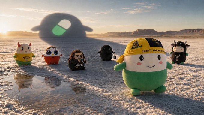 A lineup of plush mascots stands on a barren salt flat with a large, shadowy figure of a cap-wearing character casting over them, while the frontmost plush wears a bandana reading "DON'T TREAD ON..." echoing the post's bullish conviction that the Pumpfun mascot $CUPSEY will inevitably reach a 100m valuation as public recognition grows.