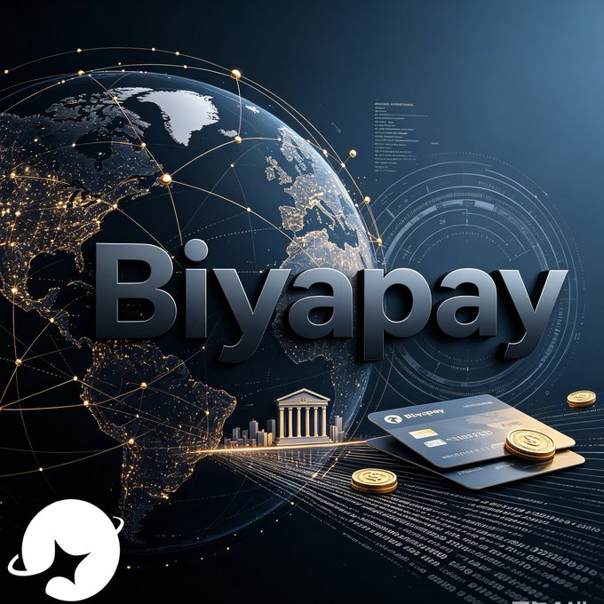 A promotional graphic featuring a glowing digital globe with the word 'Biyapay' displayed prominently, alongside credit cards and gold coins.