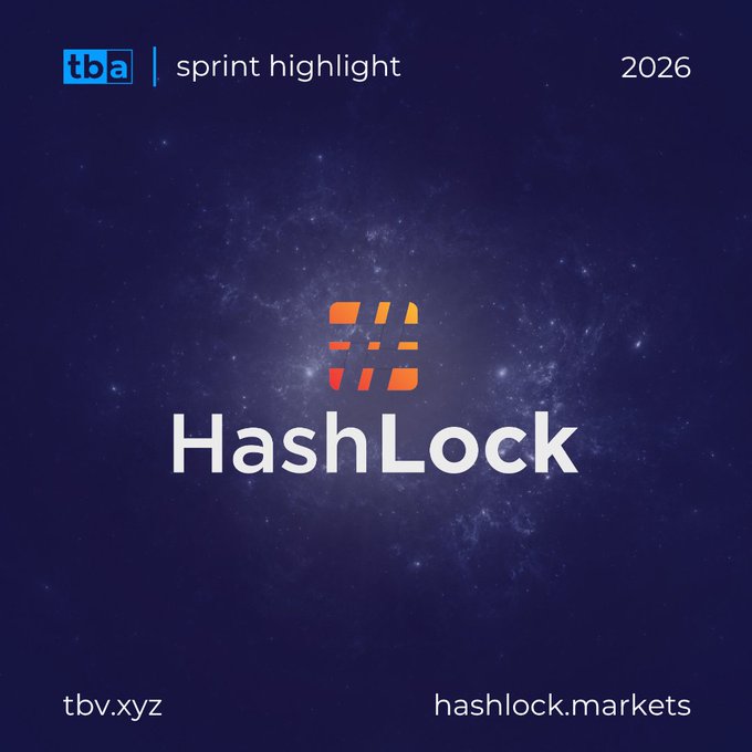 A promotional graphic featuring the orange HashLock logo against a dark starry background, with the text "sprint highlight" and "2026" at the top, alongside the TBA logo. The image highlights a partnership between tbv.xyz and hashlock.markets, celebrating their collaboration on HashLock Trading.