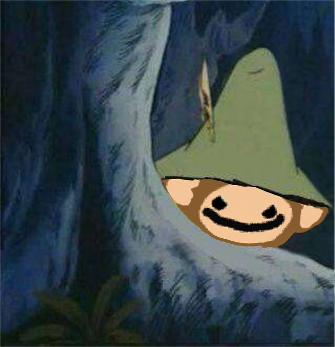 A digitally edited image of a painting showing a man in a pointed hat with his face replaced by a meme face, set against a blue, textured background.