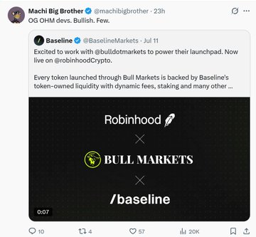 The image is a tweet from Machi Big Brother (@machibigbrother) celebrating "OG OHM devs" going bullish, featuring a promotional graphic that displays the Robinhood, Bull Markets, and /baseline logos with the text "Excited to work with @buildondotmarkets to power their launchpad." The accompanying post promotes the $BULLISH project as a recommendation, highlighting its connection to @BaselineMarkets and the original Olympus DAO developer (address ethereum:0x64aa3364f17a4d01c6f1751fd97c2bd3d7e7f1d5), aligning with the tweet's bullish sentiment on the Baseline-Bull Markets-Robinhood collaboration.