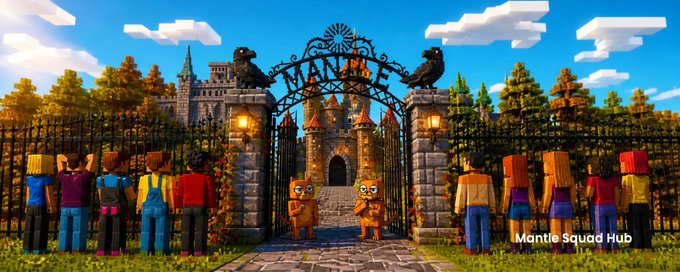 A Minecraft-style scene shows Mantle community members gathered at an ornate castle gate, with two orange mascot figures standing at the entrance beneath the text "Mantle Squad Hub" in the corner. The medieval fortress imagery symbolizes Mantle's role as a gateway to real-world asset tokenization, reinforcing the post's theme of building a kingdom where previously inaccessible assets like major brands can now be owned by anyone.