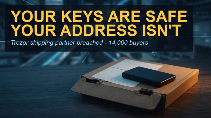 A promotional graphic with the headline "YOUR KEYS ARE SAFE YOUR ADDRESS ISN'T - Trezor shipping partner breached - 14,000 buyers," showing a torn shipping package and a hardware wallet on a wooden surface.
