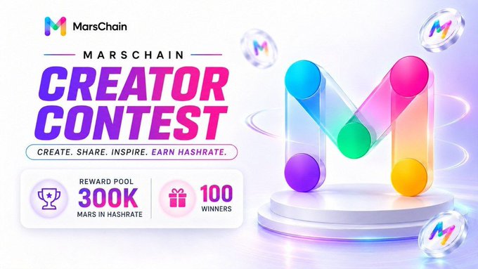 A promotional graphic for the 'MarsChain CREATOR CONTEST' advertises a reward pool of '300K MARS IN HASHRATE' for '100 WINNERS', with the tagline 'CREATE. SHARE. INSPIRE. EARN HASHRATE.'