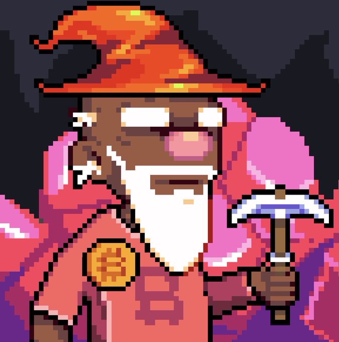 A pixel art character resembling a wizard with an orange hat, white beard, and glasses, holding a pickaxe and wearing a coin necklace.