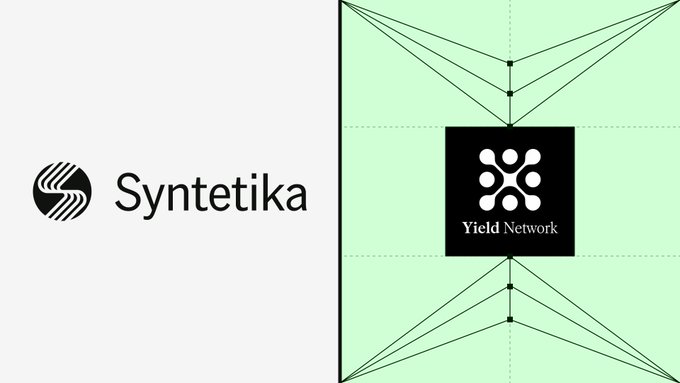 A graphic displaying two company logos: 'Syntetika' on the left and 'Yield Network' in a black square on the right, set against a geometric green background.