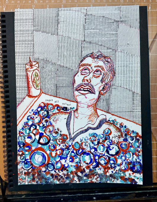 A mixed-media sketchbook drawing in red, blue, and black ink depicting a man with a mustache holding a candle, wearing a garment made of blue bubbles or spheres, with text fragments like 'ingi' and 'apitea' visible on the page.