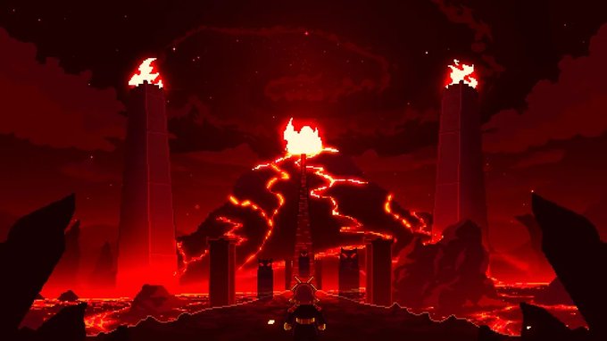 A dramatic, apocalyptic digital artwork depicting a dark temple structure surrounded by flowing lava and fiery eruptions under a deep red, cloudy sky.