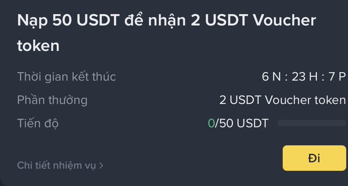 A Vietnamese-language Binance promotion screen reads 'Nạp 50 USDT để nhận 2 USDT Voucher token' (Deposit 50 USDT to receive 2 USDT Voucher token), with 6 days 23 hours remaining and 0/50 USDT progress shown.