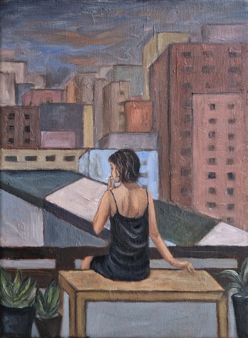 An oil painting depicts a woman with short dark hair in a black dress sitting on a ledge, smoking a cigarette while looking out over a cityscape of buildings.