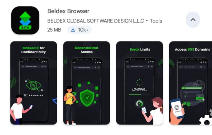 An app store listing for 'Beldex Browser' by BELDEX GLOBAL SOFTWARE DESIGN L.L.C., showing features like 'Masked IP for Confidentiality', 'Decentralized Access', 'Break Limits', and 'Access BNS Domains'.
