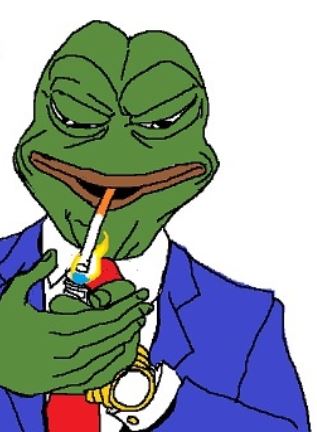 A cartoon-style drawing of Pepe the Frog in a blue suit and red tie, lighting a cigarette with a lighter in a sketchy, satirical style.