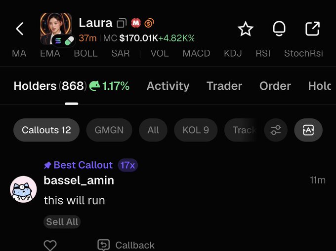 A crypto tracking app showing 'Laura' at MC $170.01K +4.82%, with a top callout from bassel_amin predicting 'this will run'.