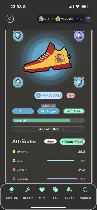 A move-to-earn fitness NFT app screen displaying a Rare Jogger shoe NFT (Level 24) with attributes including Efficiency, Luck, Comfort, and Resilience.