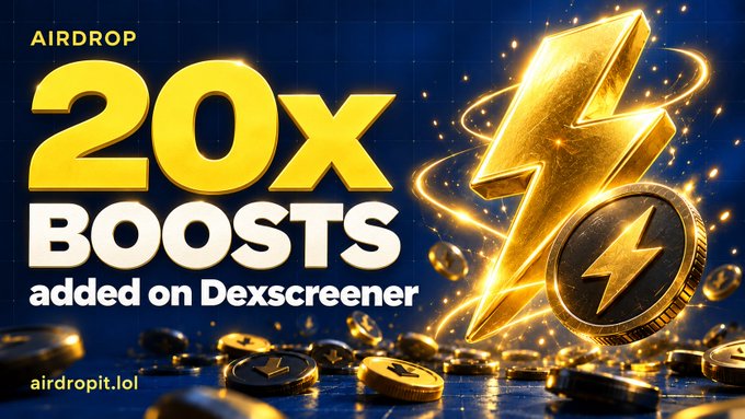 A promotional graphic for 'AIRDROP 20X BOOSTS added on Dexscreener' with a golden lightning bolt graphic, a coin, and the website 'airdropit.io' in the corner.