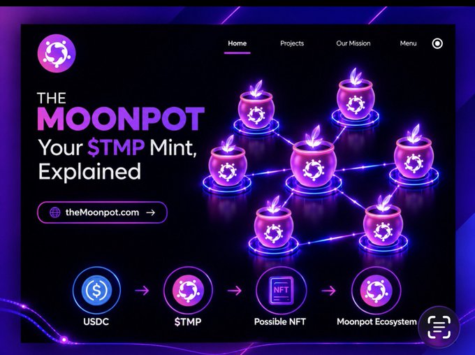 A promotional graphic for 'THE MOONPOT' with text 'Your $TMP Mint, Explained', theMoonpot.com, showing icons for USDC, $TMP, Possible NFT, and Moonpot Ecosystem.