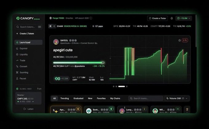 A dark-themed cryptocurrency dashboard displaying the Canopy token tracker app with chain statistics, a featured card for SAFEQ 'apegirl cute' meme coin, and navigation tabs including Exposer, Liquidity, and Trade.