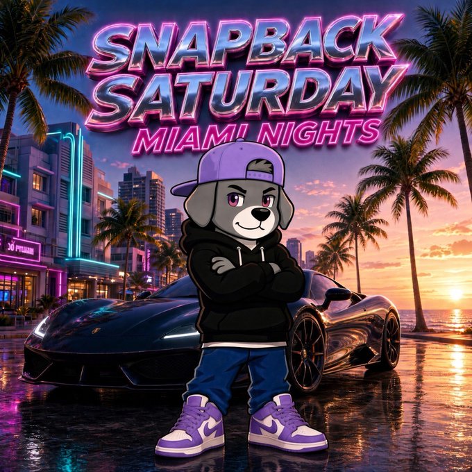 A promotional graphic titled 'SNAPBACK SATURDAY MIAMI NIGHTS' featuring a cartoon dog wearing a purple cap, black hoodie, and purple sneakers standing in front of a black Lamborghini at sunset.