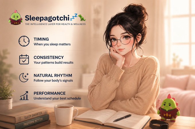 An illustrated woman with glasses reads at a desk beside graphics for 'Sleepagotchi - THE INTELLIGENCE LAYER FOR HEALTH & WELLNESS' listing Timing, Consistency, Natural Rhythm, and Performance.