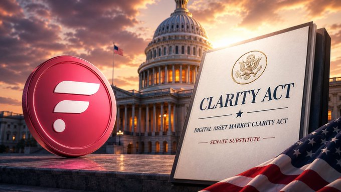 A stylized image featuring a red FLR (Flare) cryptocurrency logo on the left, a document titled "CLARITY Act - Digital Asset Market Clarity Act - Senate Substitute" on the right, and the U.S. Capitol building in the background beneath a sunset sky, with an American flag draped nearby. The imagery visually reinforces the article's message by linking the Flare token to potential U.S. regulatory progress through the updated CLARITY Act legislation.