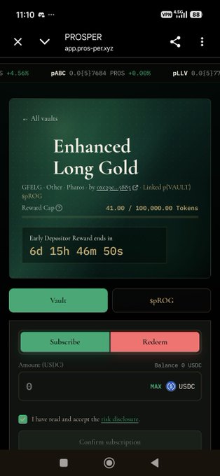 A Prosper app screen showing an 'Enhanced Long Gold' vault with a reward cap of 41.00/100,000.00 Tokens and a countdown timer showing 6d 15h 46m 50s until early depositor reward ends.