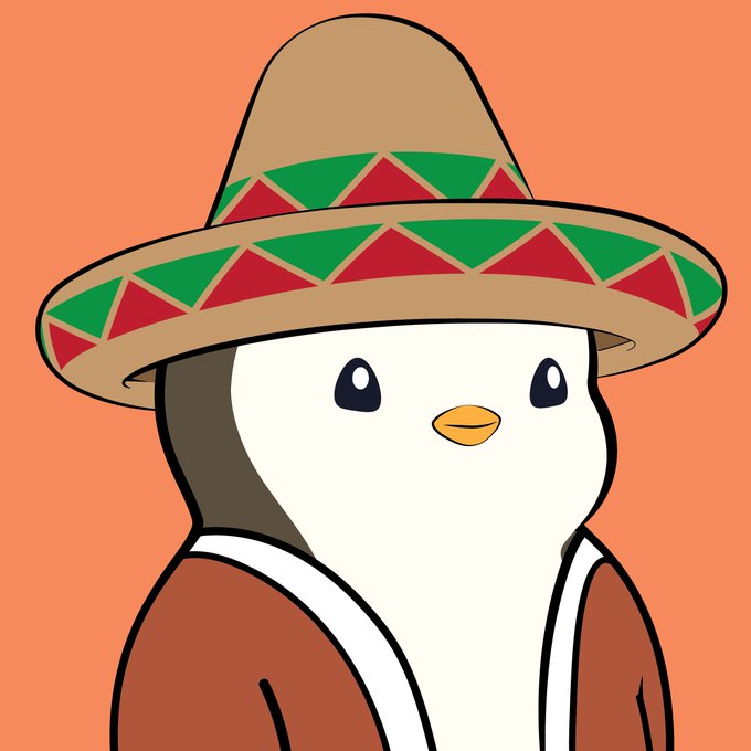 A cartoon illustration of a cute penguin character wearing a traditional Mexican sombrero with green and red triangular patterns, and a brown poncho, set against an orange background.