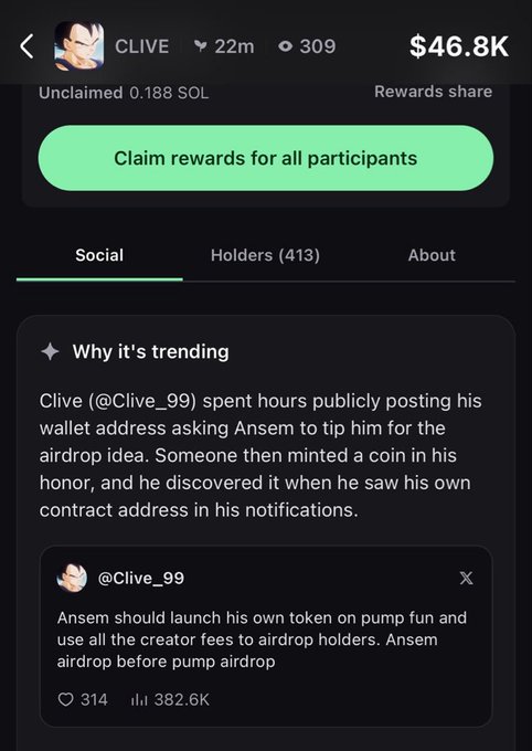 A mobile screen displays the $CLIVE token page showing $46.8K market cap with 413 holders and 0.188 SOL unclaimed, highlighting that user Clive (@Clive_99) was tipped when someone minted a coin after he publicly posted his wallet address suggesting Ansem launch a token to airdrop to holders. The post pitches $CLIVE as the next high-multiply trade following $ASTEROID's 7100X and $ANSEM's 620X runs, with the token's modest $46.8K market cap presented as an early entry point mirroring those earlier successful calls.