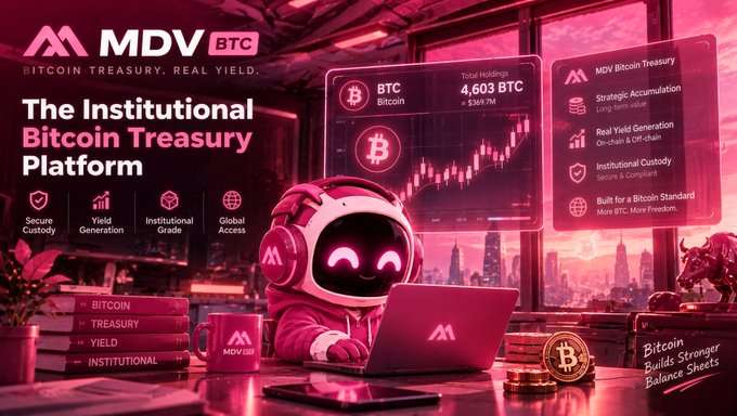 A promotional graphic for 'MDV BTC' featuring a pink robot character working on a laptop, advertising it as 'The Institutional Bitcoin Treasury Platform' with a screen showing 4,603 BTC.