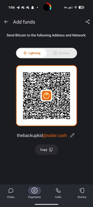A screenshot showing the "Add funds" screen on Radar Chat with a Lightning network QR code and the handle "thebackupkid@radar.cash," demonstrating the LN payment handle that was successfully set up after importing the user's Signal account into Radar Chat.