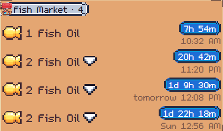 A 'Fish Market' screen displays listings for Fish Oil with countdown timers ranging from 7h 54m to 1d 22h 18m, showing quantities and availability times.