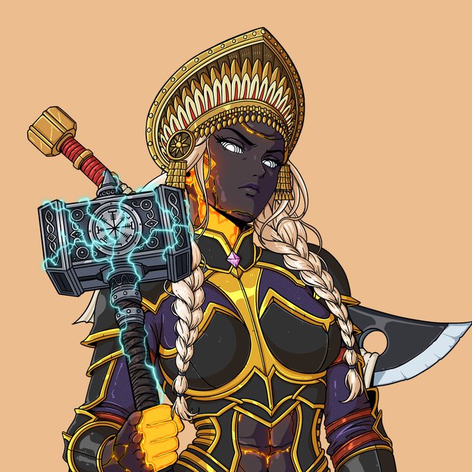 A digital illustration of a powerful dark-skinned goddess with flowing blonde braids, wearing the ornate gold and purple Armour of Sekhmet and a radiant sun crown, wielding a glowing rune-etched hammer crackling with blue energy. The artwork matches the post's description of a rare SolGods NFT, emphasizing her fiery molten features, regal armor, and the bold contrast of gold against deep purple and black tones.